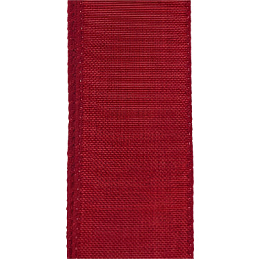 A close-up of the 2.5X10Y Red Poly Linen Ribbon X314840-12 on a white background showcases its intricate edge stitching.