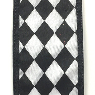 A fabric swatch with a black and white diamond harlequin pattern, bordered by solid black trim, elegantly showcases the 2.5X10Y Black And White Harlequin Ribbon X332040-21.