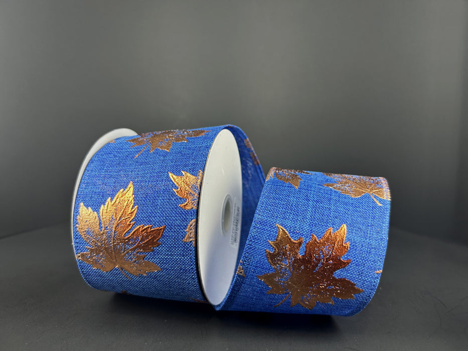 2.5"X10Y Royal Blue Linen/Rust Embossed Leaves Ribbon X970740-25