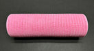 A roll of 10"X10Y Pink Breeze Solid Mesh Mesh XB240710-03 is placed on a dark surface. This product showcases a bright pink color with a grid-like pattern, neatly rolled into a cylindrical form.