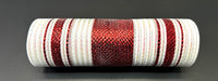 A roll of the 10"X10Y Red-Iridescent Metallic Multi Stripe Mesh XB241210-01 ribbon rests elegantly on a dark surface.