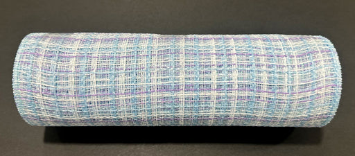 Displayed against a black background, product XB251410-30 is a 10X10Y roll of iridescent tweed mesh fabric with a crisscross pattern, featuring light blue and lavender colors intertwined with white and purple threads.