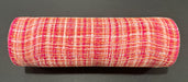 The 10X10Y Fuchsia Coral Iridescent Tweed Mesh XB251410-46 is a cylindrical object with a woven texture, featuring an interlaced pattern of fuchsia coral, pink, and white threads on a dark gray background.