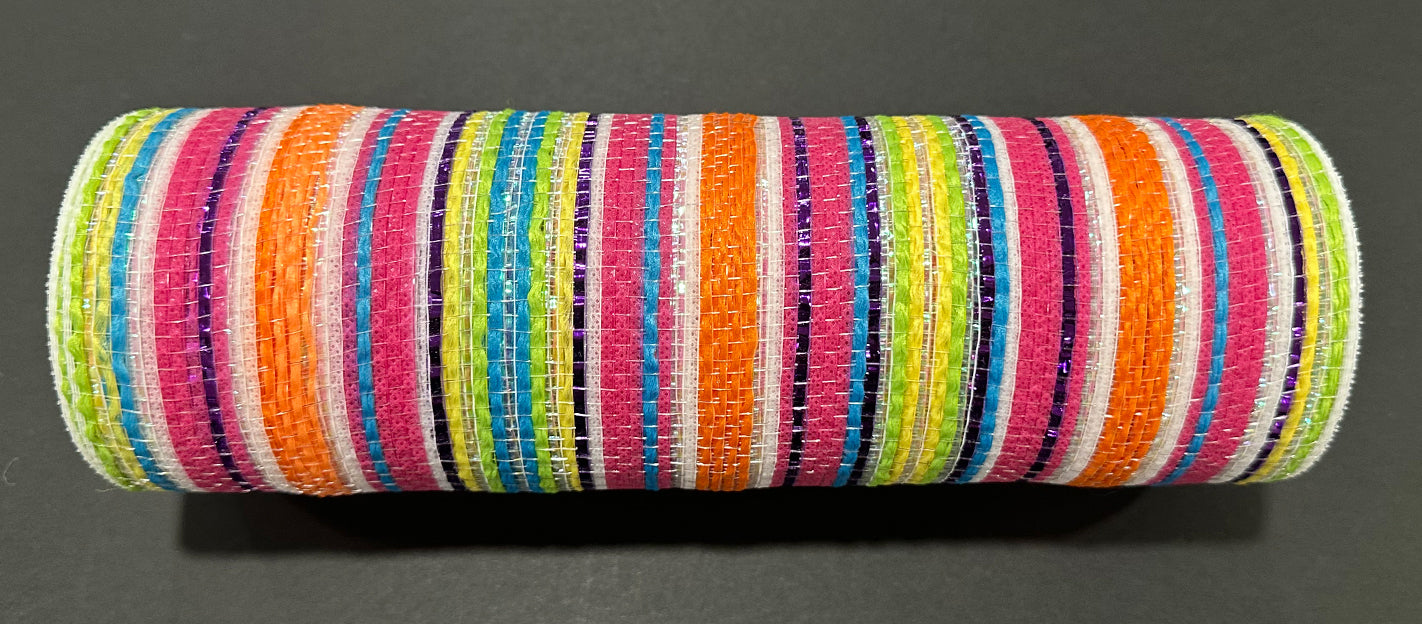 A vibrant multi-colored cylindrical object wrapped in striped fabric featuring pink, blue, orange, green, and yellow on a dark background, crafted from the 10X10Y Bright Spring Striation Mesh Ribbon XB251510-11 for a lively seasonal touch.