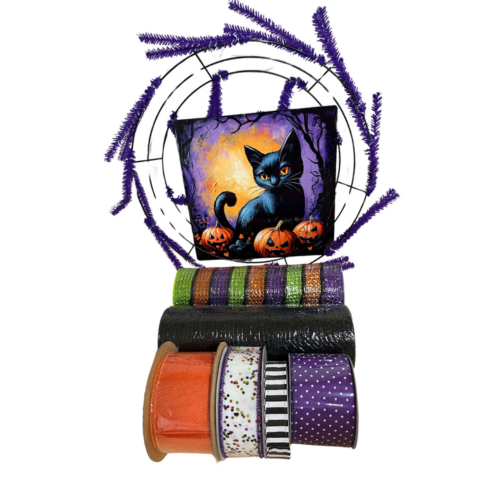 Black Cat with Pumpkins Halloween Wreath Kit