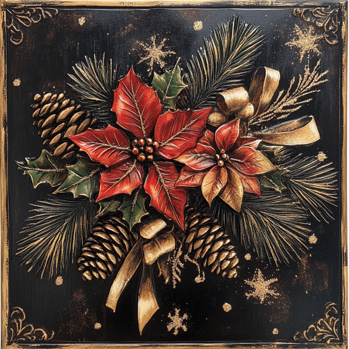 10" x 10" Red Poinsettia and Pinecones Sign TTE-017