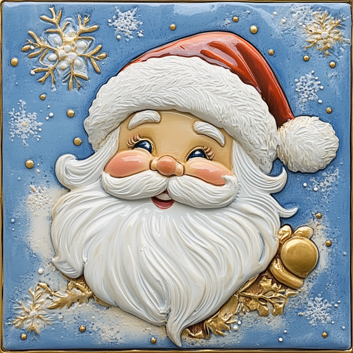 This 10" x 10" Blue & Gold Retro Santa Sign (TTE-029) features a festive illustration of a cheerful, vintage-style Santa Claus with rosy cheeks and a fluffy white beard. Donning a red hat with white fur trim, he's set against an elegant blue and gold background adorned with golden snowflakes that evoke the charm of classic Santa signs from yesteryears.