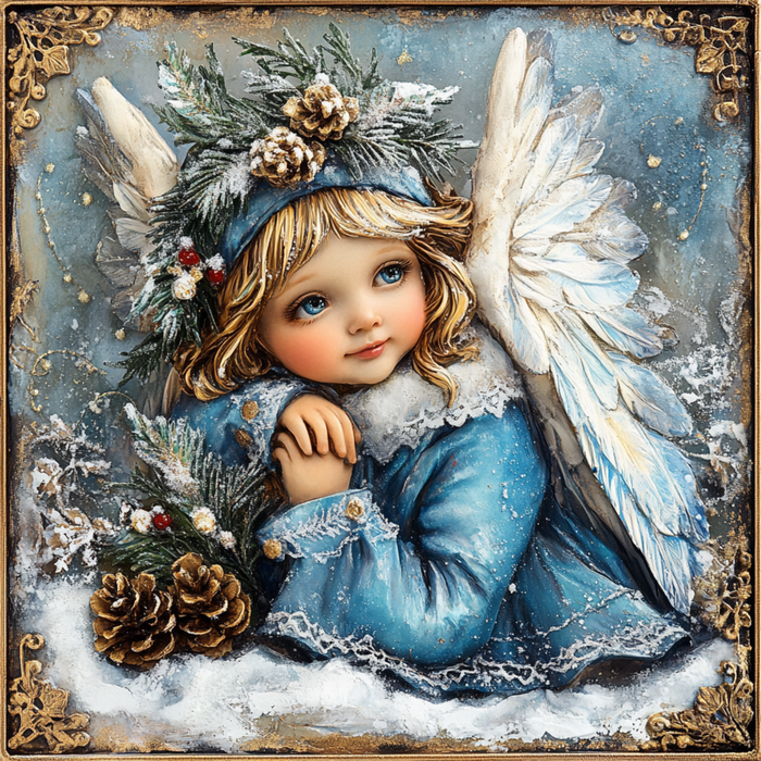 The 10" x 10" Blue Winter Angel Sign TTE-012 features a beautifully detailed illustration of an angelic child with wings, dressed in a blue coat and hat adorned with pinecones and winter greenery. This metal sign portrays the angel amidst frost and snowflakes, creating a serene, magical winter scene.