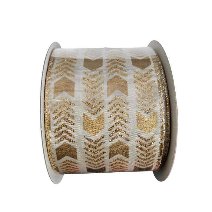 The 2.5"X10Y Gold Glitter Arrow Ribbon C2340-045 boasts a chic white base with striking gold glitter chevron designs, making it an ideal choice for infusing sophistication into your decor projects.