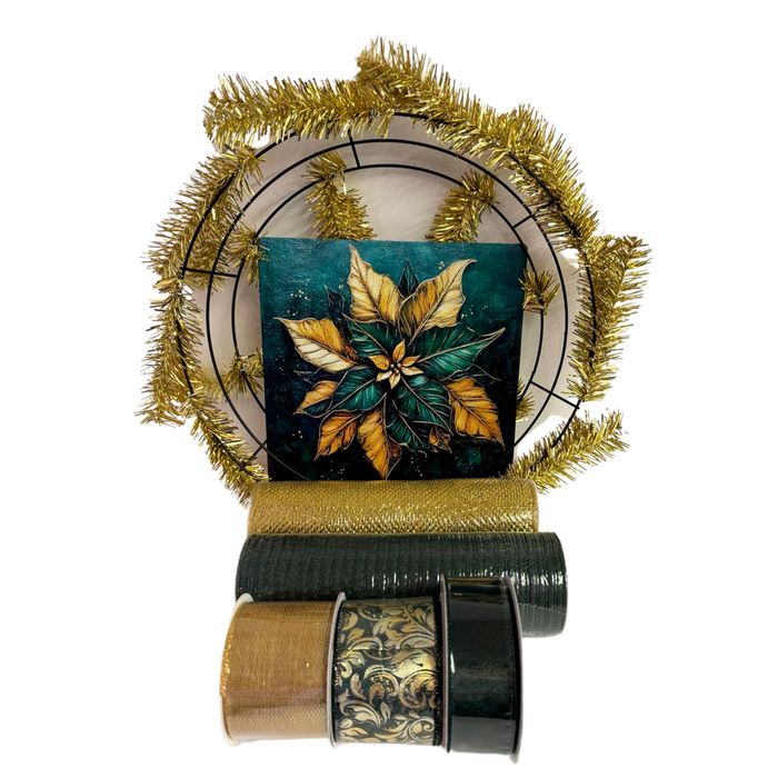 Hunter Green and Gold Poinsettia Mesh Wreath Kit