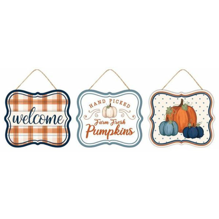 3  Assorted 7"Lx6"H Tin Matte Fall Signs Autumn/Navy/Smoke Blue MD1206A1