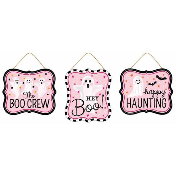 3Asst 7"Lx6"H Tin Matte Ghost Signs Black/White/Pink MD120822