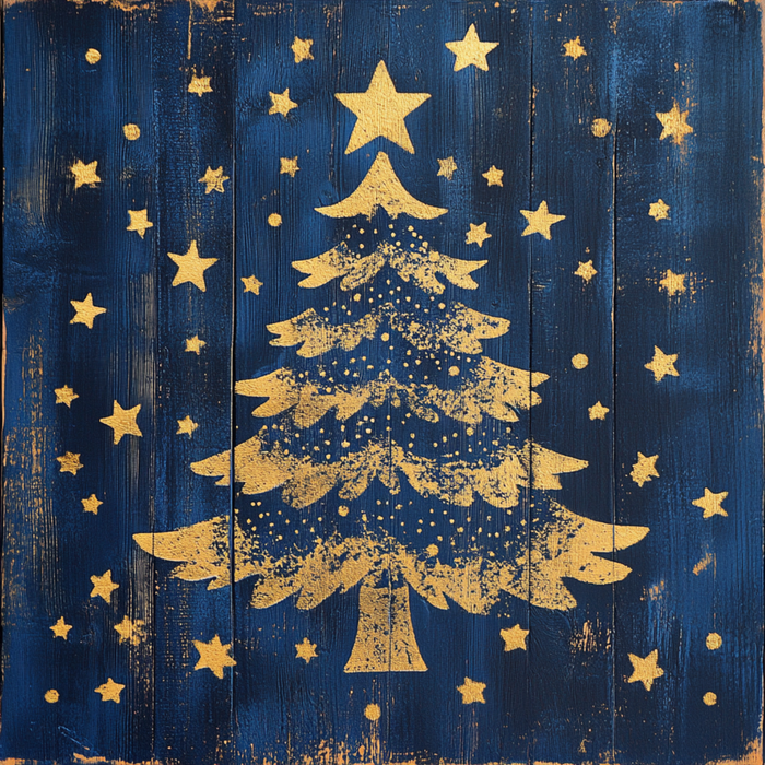 The 10" x 10" Navy and Gold Christmas Tree Sign TTE-019 features a textured wooden surface painted in navy, embellished with a golden Christmas tree and glittering stars, effortlessly exuding festive, rustic charm. The elegant interplay of navy and gold enhances the holiday spirit with its enchanting design.