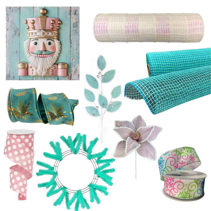 Using Julie's Pastel Nutcracker Wreath Kit Option 1-100924, you can create the perfect festive display with pastel nutcracker decorations, turquoise and pink ribbons, teal and white mesh rolls, a white and pink floral pick, and a wreath form featuring turquoise branches.