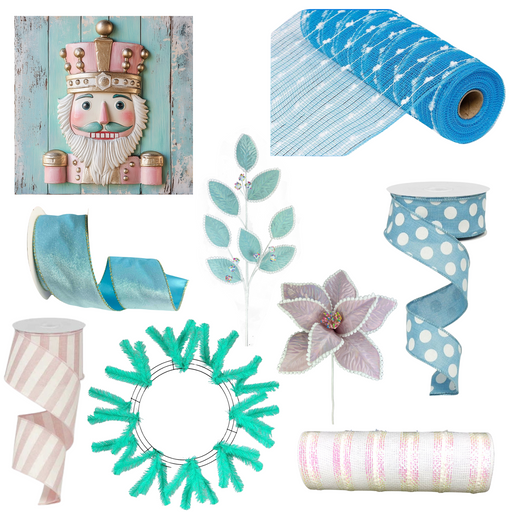 A collage showcasing Julie's Pastel Nutcracker Wreath Kit Option 2-101024, featuring various blue and pink ribbons, a roll of blue mesh, a teal wreath frame from the kit, complemented by a silver leaf ornament and a pink poinsettia decoration. The themes are festive and decorative.