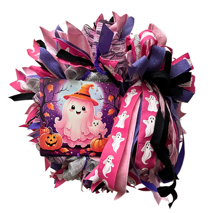 Pink Ghost Halloween Completed Mesh Wreath