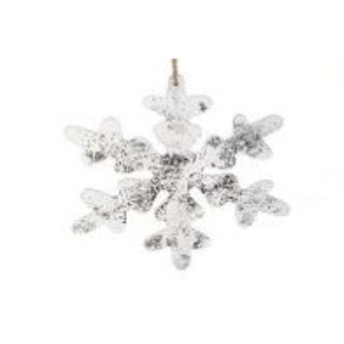 The 9" MDF Snowflake Ornament MTX70852, featuring a glittery silver coating, elegantly hangs against a white background. Available in assorted styles, this translucent decoration adds a festive touch to any setting.