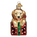 Introducing the Golden Puppy Surprise Old World Christmas Ornament 12628, a charming holiday decoration showcasing a Corgi puppy with golden fur peeking out from a festive red and green gift box adorned with white dots. Crafted in the classic Old World Christmas style, this ornament includes a gold loop for easy hanging.