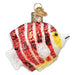 The Peppermint Angelfish Ornament by Old World Christmas (12635) is a festive fish-shaped decoration with red and clear glittery stripes, a yellow patch on its face, and a golden loop for hanging. It perfectly captures the vibrant charm of Central Pacific Ocean aquarium life.