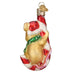 The Christmas Mouse Ornament from Old World Christmas, product number 12637, features a mouse dressed as Santa's helper. This charming ornament wears a Santa hat and green scarf while holding a red and white candy cane. The golden mouse, with its glittery texture, includes a golden loop for hanging and is ready to add charm to your holiday gatherings.