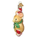 Introducing the delightful Christmas Mouse Ornament from Old World Christmas (Product No. 12637): a glittery mouse adorned with a green scarf, clutching a red and white candy cane. Topped with a gold cap and circular tag, this charming piece brings holiday gatherings to life!