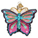 This enchanting Fanciful Butterfly Ornament from Old World Christmas (12645) showcases shimmering pink and blue wings outlined gracefully in gold glitter. It includes a small golden tag and loop at the top for convenient hanging.