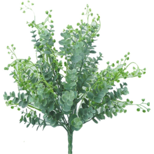 The 15 Plastic Mix Eucalyptus Leaves Bush with 9 Stems features vibrant, lifelike foliage with small round leaves and delicate buds, arranged in a fan shape for a fresh, natural look reminiscent of a lively eucalyptus bush.