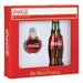 A red box labeled with the product name "Coca-Cola Bottle Set Old World Christmas Ornaments 14032" displays a charming selection of two blown glass Coca-Cola ornaments: one is a round ornament featuring the iconic Coca-Cola logo, and the other is elegantly crafted to resemble a vintage Coca-Cola bottle.