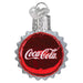 Part of the Coca-Cola Bottle Set Old World Christmas Ornaments 14032, this red and silver bottle cap-shaped ornament showcases the iconic Coca-Cola logo in white script on a red background. It is adorned with a heart-shaped tag elegantly etched with "Coca-Cola," bringing festive cheer to any holiday décor.