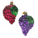 Two grape cluster Christmas ornaments: a red ornament with a gold cap and green leaves, and the Purple Grapes 28004 Old World Christmas Ornament Assorted featuring a similar design. Both ornaments have a reflective surface and intricate detailing.