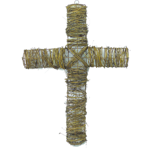 The 24 Twig Cross 29280NAT measures 24H x 14.5W and features intertwined vines that form a rustic, natural woven pattern over the vertical and horizontal beams, all set against a plain white background.