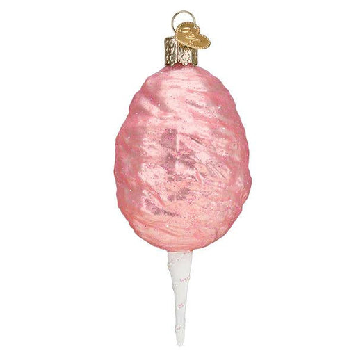 Introducing the Cotton Candy Old World Christmas Ornament 32408, a beautifully crafted pink mouth-blown glass ornament with a glittery finish, complete with a white stick. It features an elegant gold cap and loop for easy hanging.