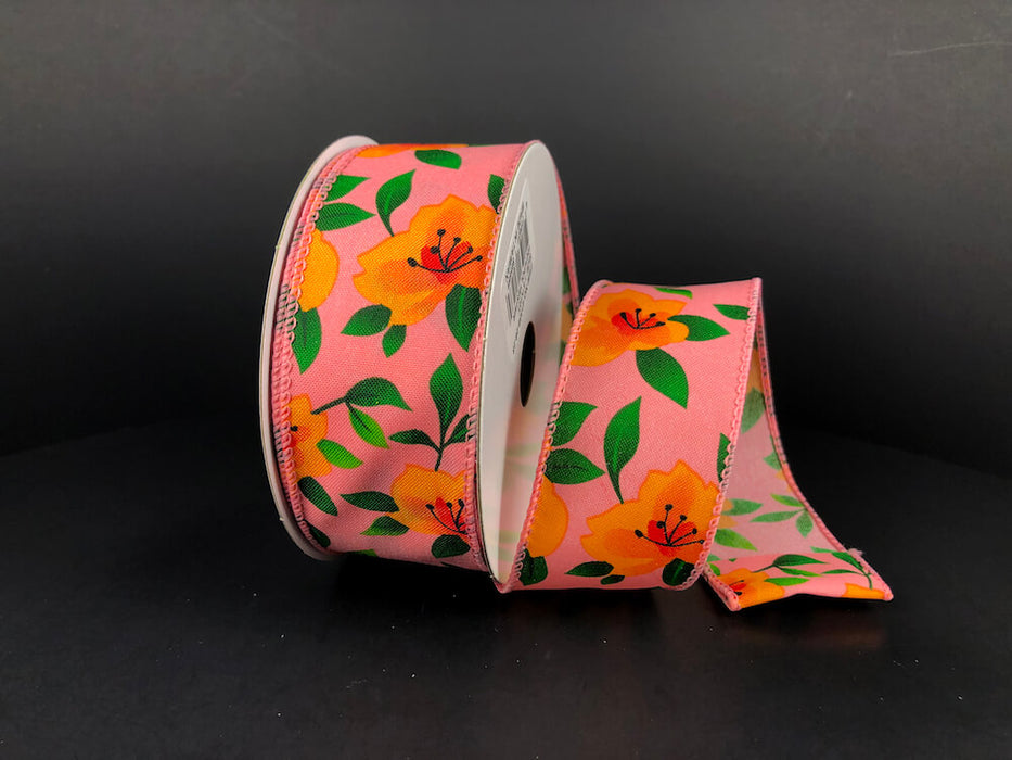 1.5"X10Y  Peach Satin/Orange Magnolias Ribbon 41335-09-23