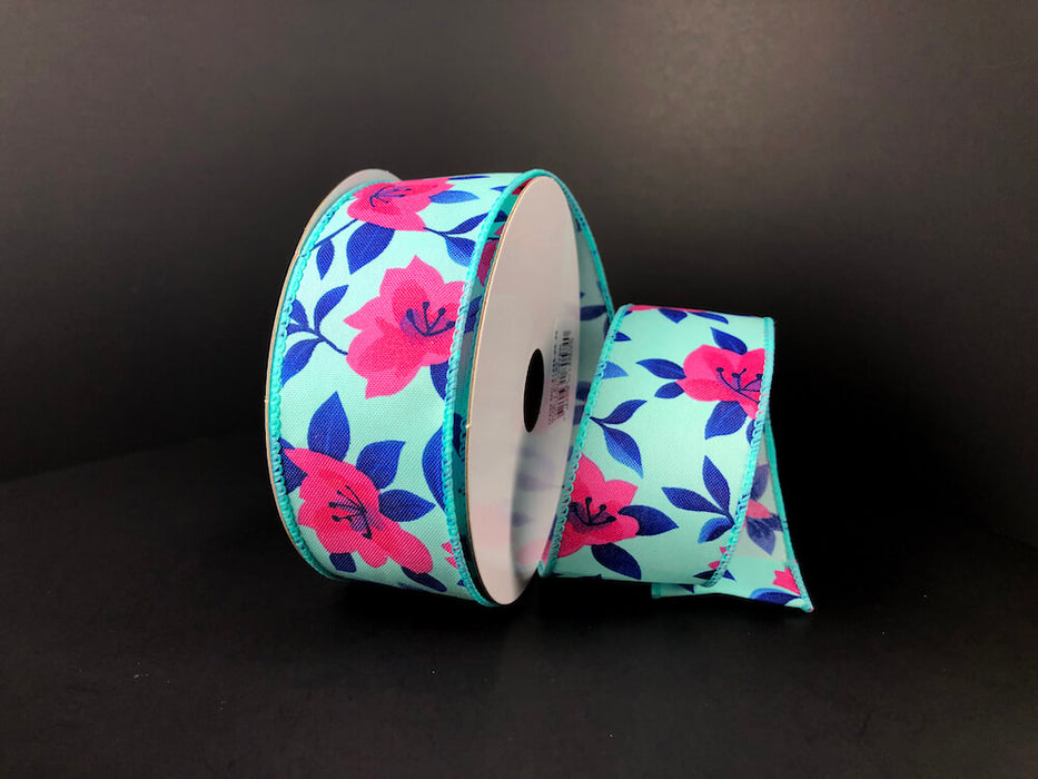 1.5"X10Y  Aqua Satin/Fuchsia Magnolias Ribbon 41335-09-45