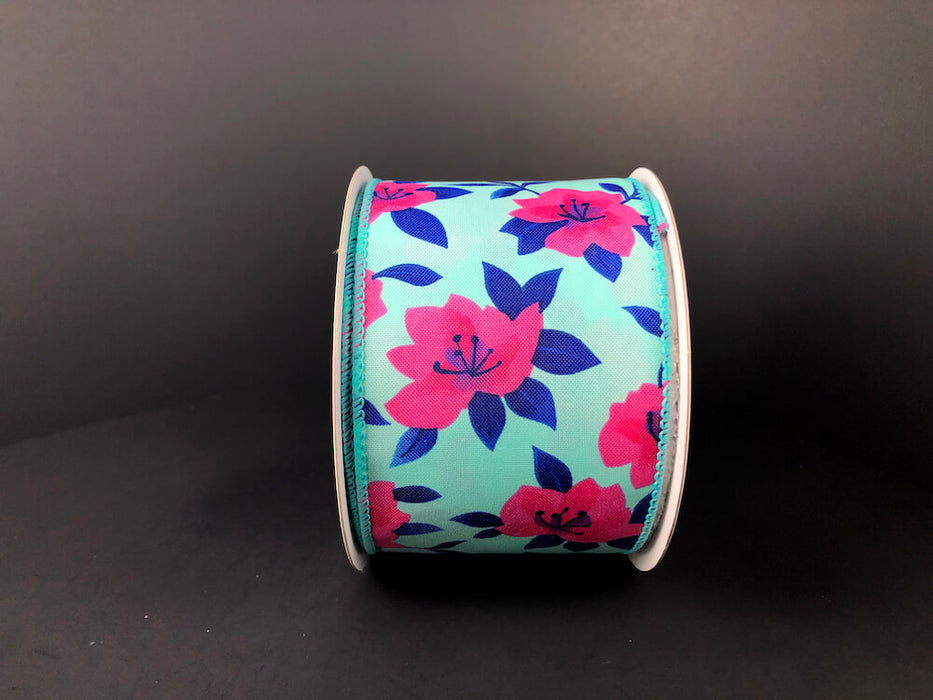 2.5"X10Y  Aqua Satin/Fuchsia Magnolias Ribbon 41335-40-45