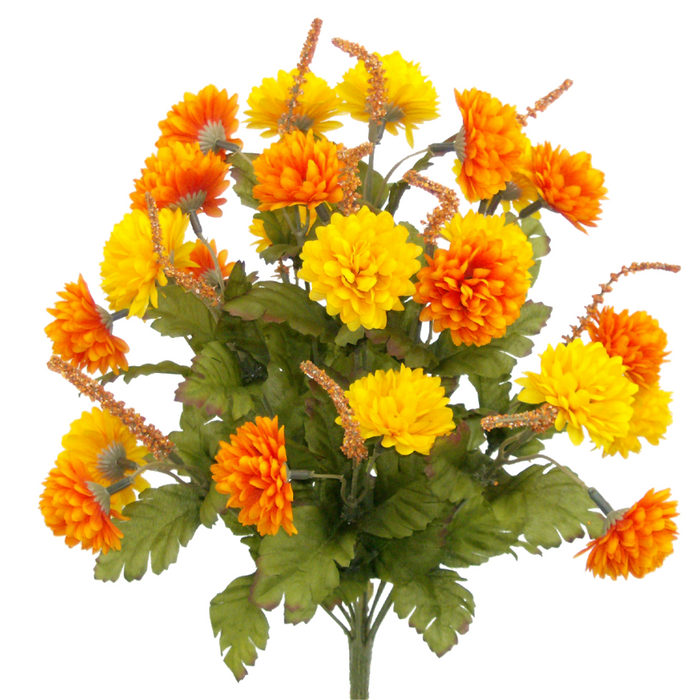 A 17-inch Pom Pom Mum Bush, product code 52290Oryw, displays vibrant orange and yellow blooms with green leaves and slender stems in a striking arrangement.