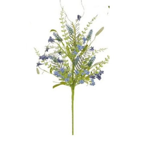 The 23 Lavender Berry Spray Blue 60919-BL captivates with its delicate green foliage and clusters of small blue and lavender berries on thin stems, all set against a plain white background for a harmonious blend of hues.