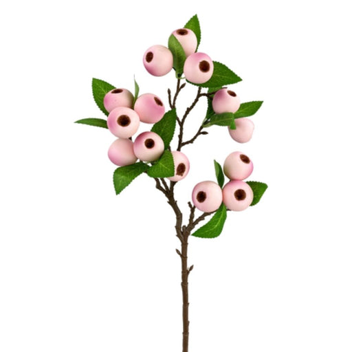 The 23 Pink Berry Spray 62945PK features pink and white berries with central dark spots, resembling eyeballs. Vibrant green leaves and a brown stem enhance its natural appeal against a white background, creating an eye-catching display.