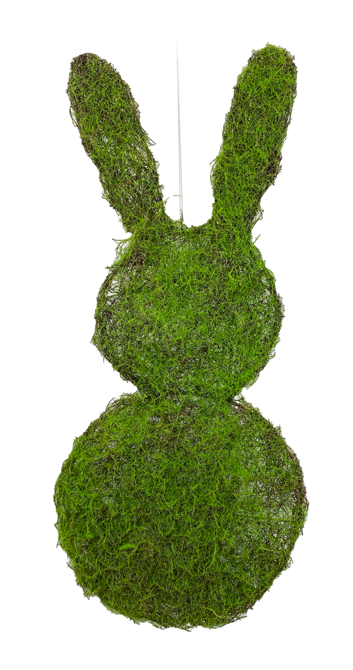 The 24 by 11 Green Moss Bunny Form 63317GN is a charming decorative piece featuring a finely crafted bunny shape made of lush green moss, perfect for adding a playful touch against a plain background.