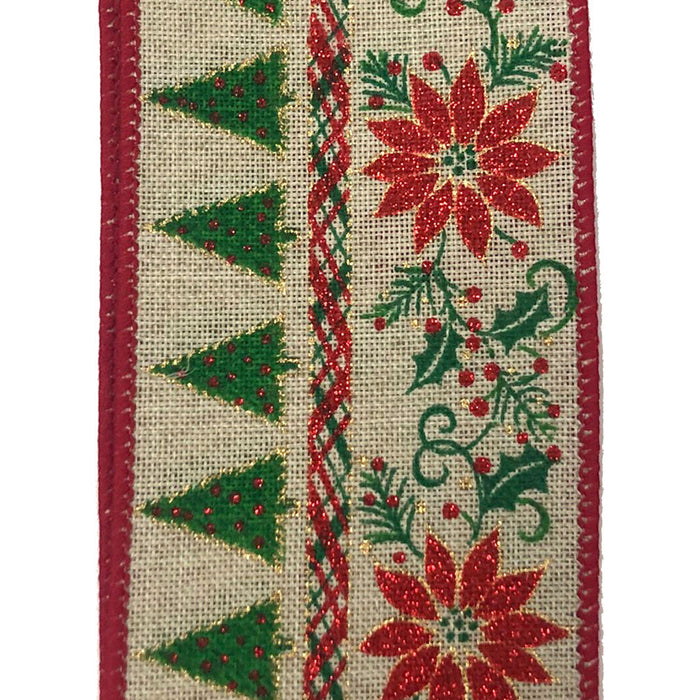 2.5" Natural Linen Poinsettias Trees Christmas Ribbon 71050-40-07