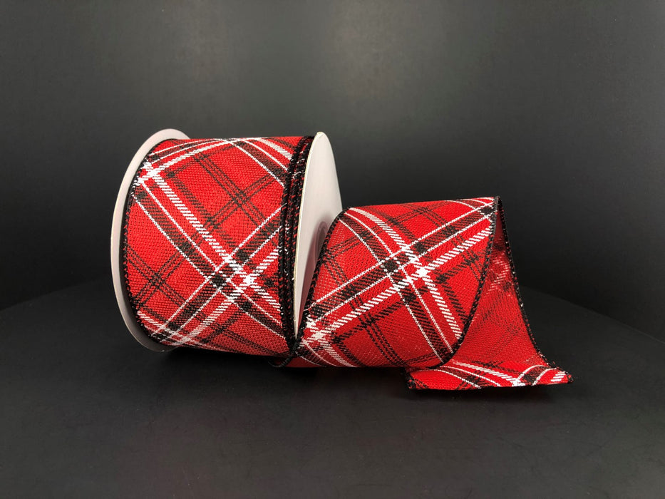 Red Faux Burlap/Black-White Print Diagonal Plaid, 2.5"X10Y  Ribbon  72129-40-12