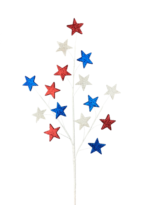 The 28 Red White and Blue Glitter Star Spray (74140RWB) features 15 stems of red, white, and blue stars on slender branches against a black backdrop, creating an evenly distributed vibrant and patriotic display.