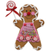 The 13" X 9" X 1" Gingerbread Ornament (model 85390BN) is designed with a cheerful expression, featuring icing-decorated hair and details. This brown ornament sports a pink apron adorned with colorful sprinkles and clutches a striped lollipop tied with a red ribbon, making it perfect for holiday decor.