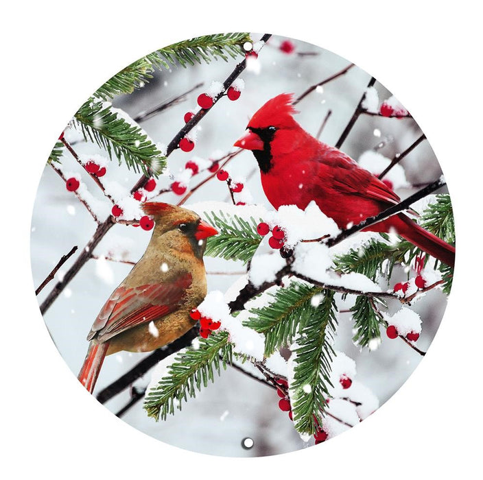 12" Cardinals on Snowy Branch Round Metal Christmas Sign AP0343