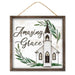 The 10Sq Amazing Grace Sign (AP7183) features an elegant MDF script over a church illustration surrounded by green leaves. A sturdy rope allows for easy hanging, adding grace to your decor in white, black, green, and brown hues.