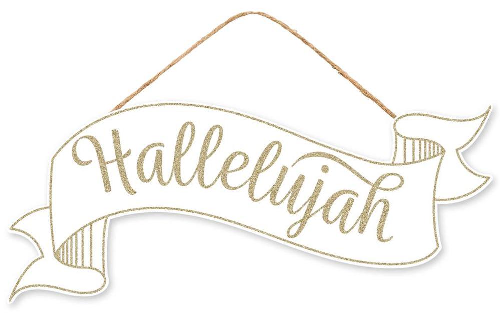 The 15"Lx6.25"H Hallelujah Banner Sign, product number AP7849, showcases the word "Hallelujah" beautifully scripted in gold on a white background with gold accents.