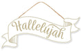 The 15"Lx6.25"H Hallelujah Banner Sign, product number AP7849, showcases the word "Hallelujah" beautifully scripted in gold on a white background with gold accents.