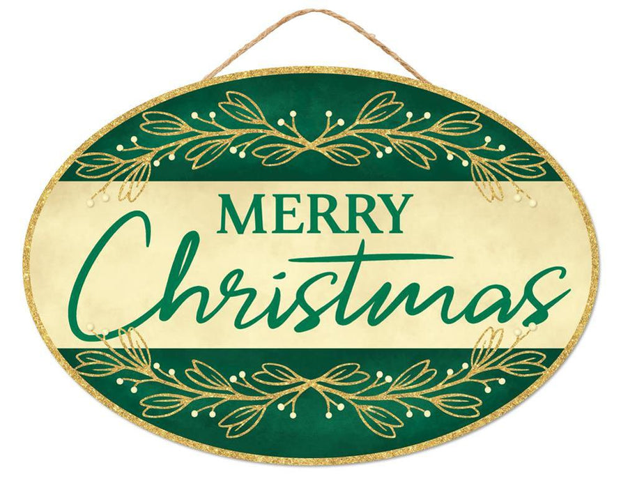 The 13"Lx9"H Merry Christmas Oval Sign in Hunter Green/Ivory (AP7859) showcases "Merry Christmas" in a green script on an ivory background. Made from durable MDF/Paper, it features hunter green bands adorned with gold leaf and berry designs, elegantly suspended by a twine loop.