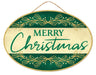 The 13"Lx9"H Merry Christmas Oval Sign in Hunter Green/Ivory (AP7859) showcases "Merry Christmas" in a green script on an ivory background. Made from durable MDF/Paper, it features hunter green bands adorned with gold leaf and berry designs, elegantly suspended by a twine loop.