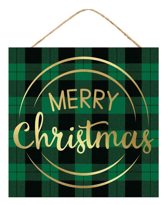 The 10"Sq Merry Christmas Check Sign in Black/Emerald/Gold (AP860306) showcases a green plaid background with sophisticated gold text displaying "Merry Christmas." It hangs gracefully with a thin cord, making it an ideal addition to enhance your holiday decor.